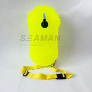 High-visibility compact swim bubble with transparent rear handle for open-water swimming safety