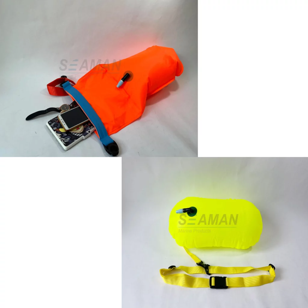 Open water swim buoy and swim bubble comparison showing storage design differences and low-drag training float use