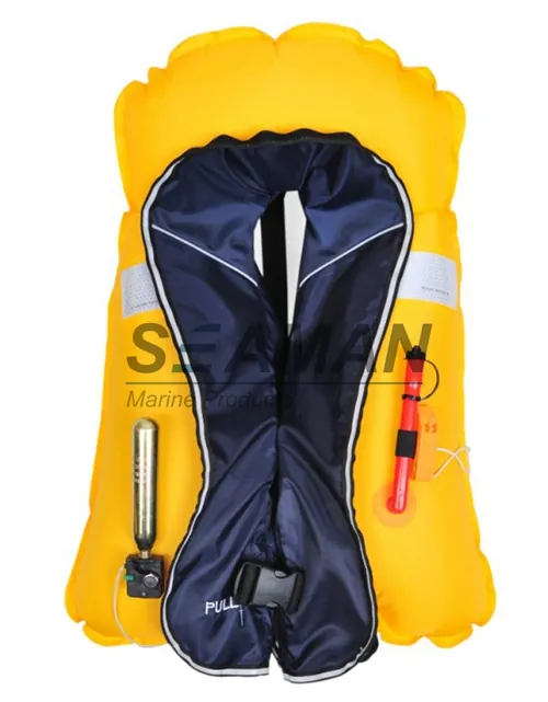 Inflatable lifejacket quality inspection showing cover material, TPU chamber, CO2 cylinder and buckle details