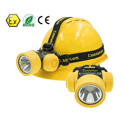 ATEX explosion-proof headlamp mounted on safety helmet with CE and Ex markings